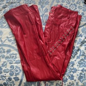red faux leather flare tie up pants